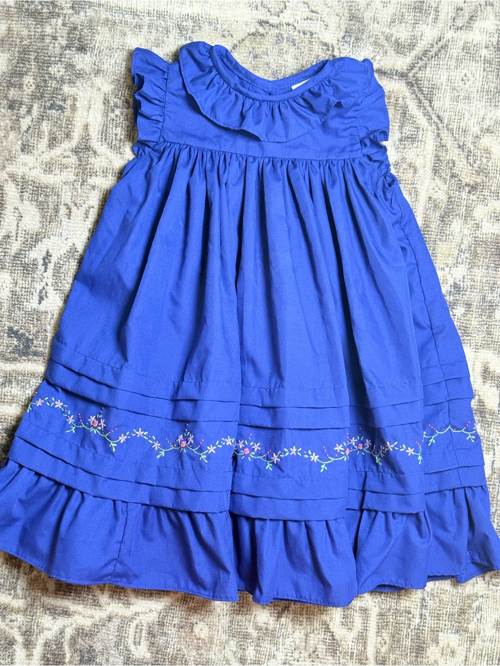 Girls Blue Ruffle Dress with Floral Trim
